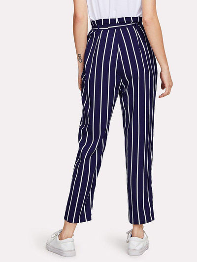 Frill Trim Waist Striped Tapered Pants-bottom-Des Mess
