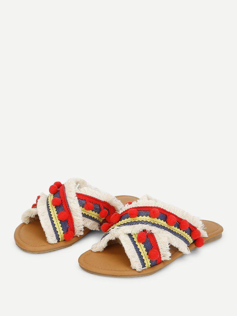 Criss Cross Flat Sandals With Pom Pom-shoes-Des Mess