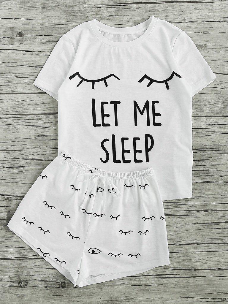 Closed Eyes Print Tee And Shorts Pajama Set-loungewear-Des Mess