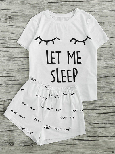 Closed Eyes Print Tee And Shorts Pajama Set-loungewear-Des Mess