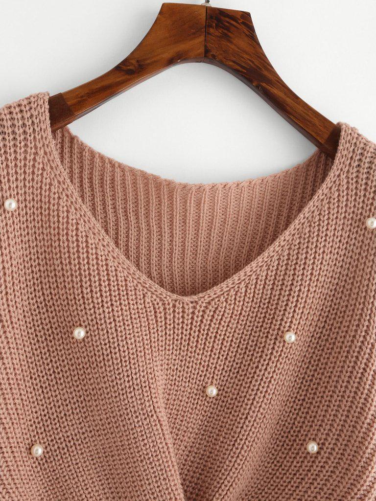 Pearl Beaded Detail Twist Sweater-outerwear-Des Mess