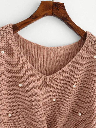 Pearl Beaded Detail Twist Sweater-outerwear-Des Mess