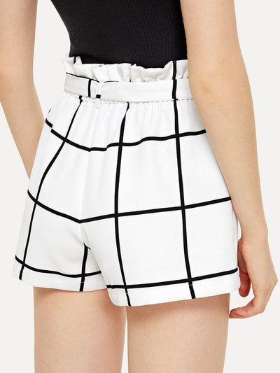 Belted Ruffle Waist Grid Shorts-bottom-Des Mess
