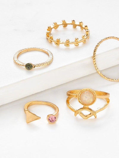 Leaf & Geometric Design Ring Set With Gemstone-jewelry-Des Mess