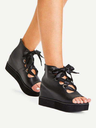 Criss Cross Bow Detail Platform Wedges-shoes-Des Mess