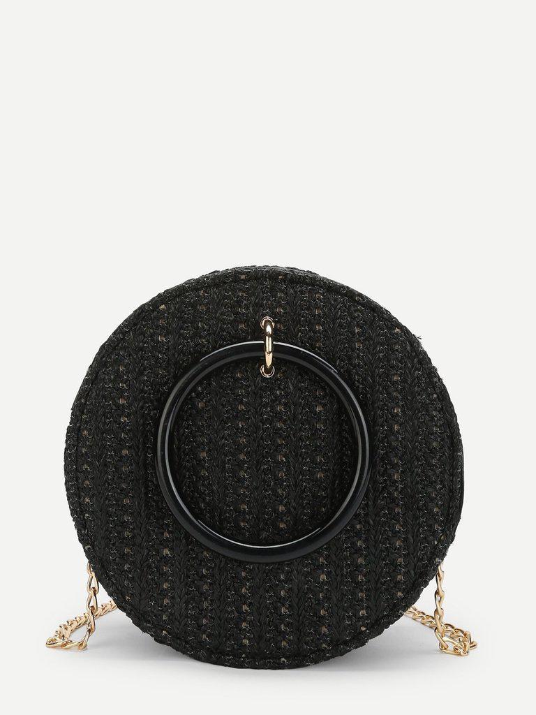 Ring Detail Straw Round Chain Bag-accessories-Des Mess