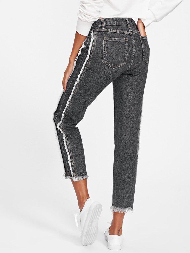 Frayed Trim Tapered Jeans-bottom-Des Mess