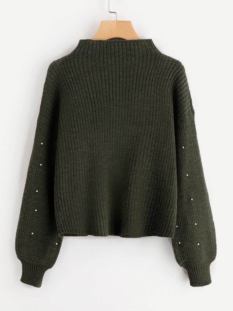 Pearl Embellished Exaggerated Bishop Sleeve Ribbed Sweater-outerwear-Des Mess