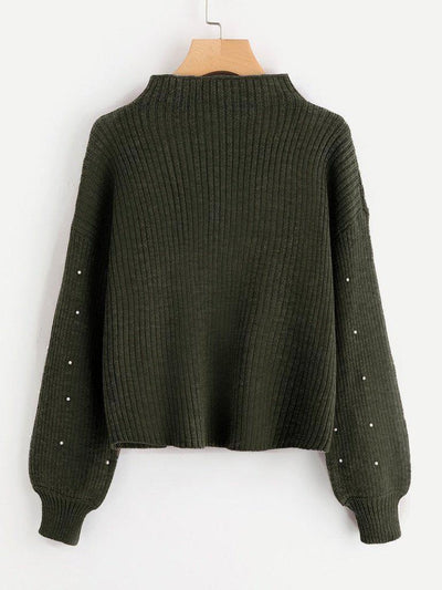 Pearl Embellished Exaggerated Bishop Sleeve Ribbed Sweater-outerwear-Des Mess
