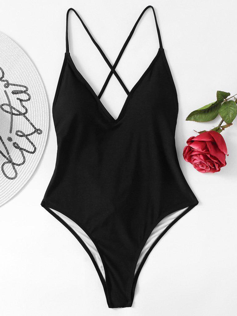 Cross Back Ruched Detail Plunge Swimsuit-swimwear-Des Mess