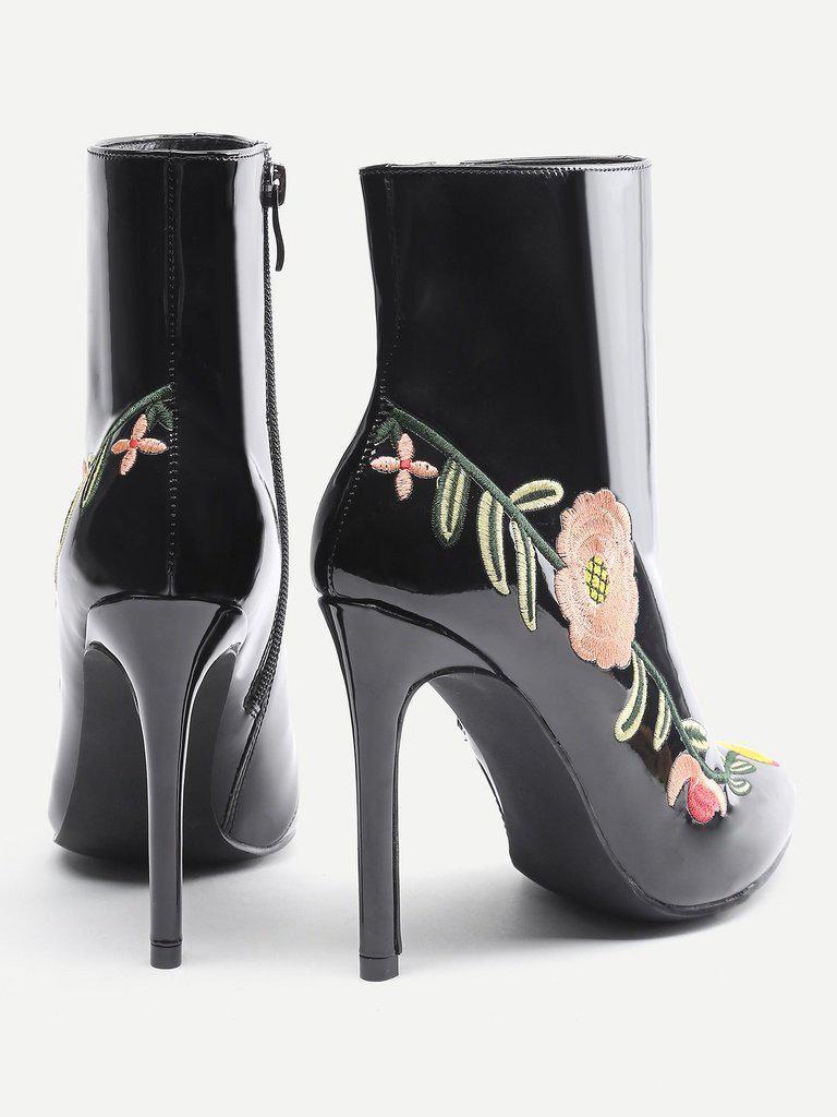 Flowers Embroidery Stiletto Ankle Boots-shoes-Des Mess