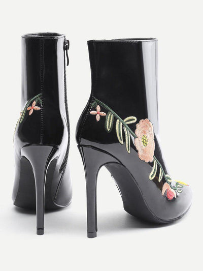 Flowers Embroidery Stiletto Ankle Boots-shoes-Des Mess