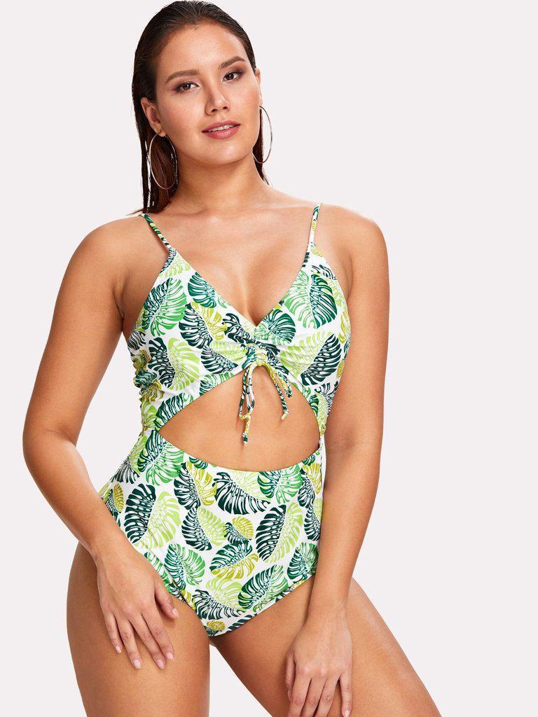 Palm Print Cut Out Swimsuit-swimwear-Des Mess