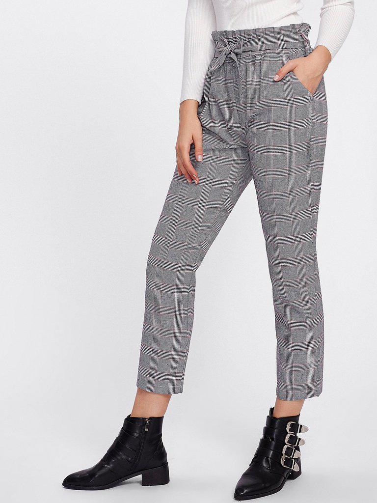 Tie Waist Glen Plaid Frill Pants-bottom-Des Mess