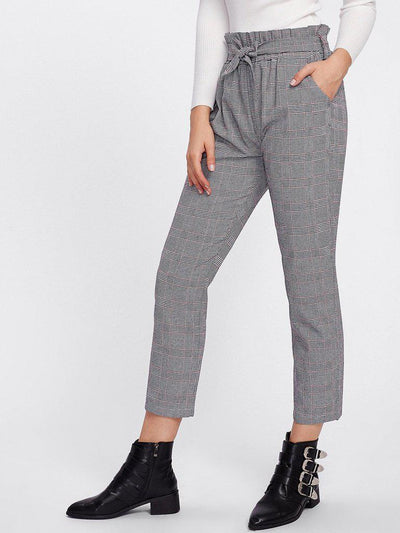 Tie Waist Glen Plaid Frill Pants-bottom-Des Mess