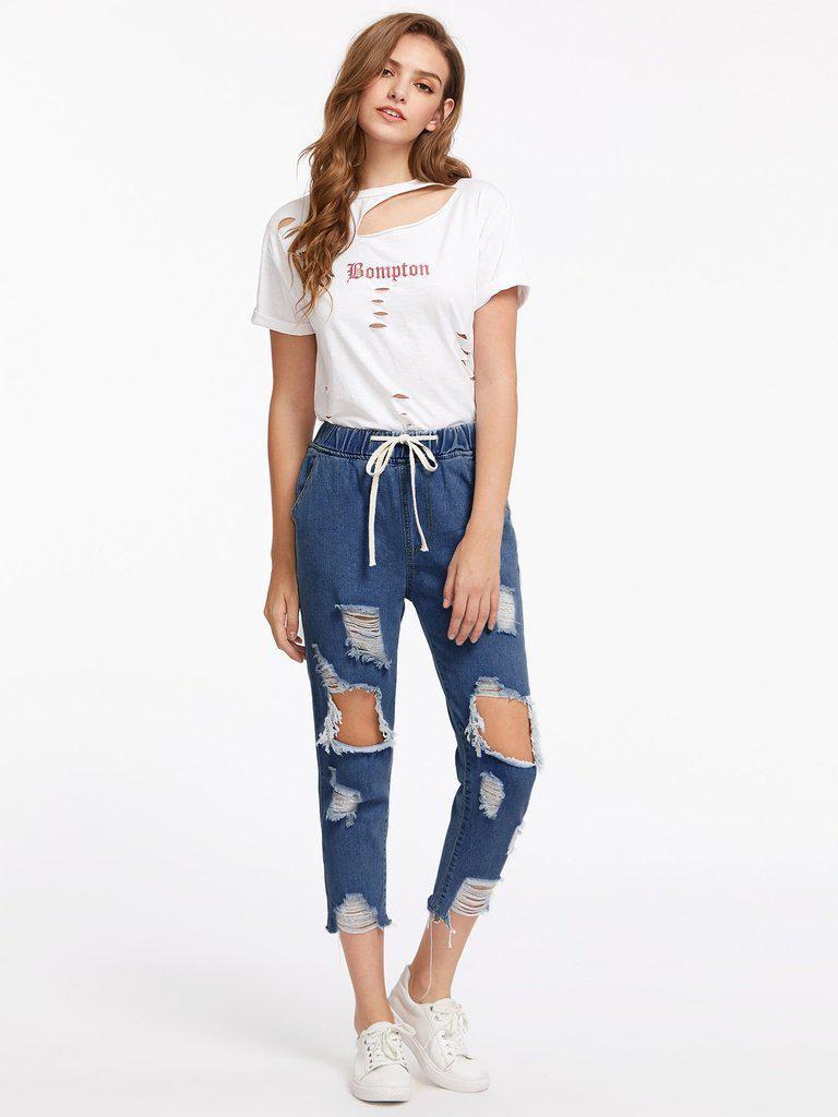Extreme Destroyed Raw Hem Drawstring Waist Crop Jeans-bottom-Des Mess