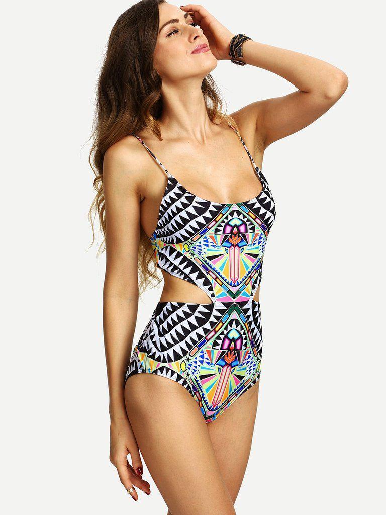 Tribal Print Crisscross Lace-Up One-Piece Swimsuit-swimwear-Des Mess