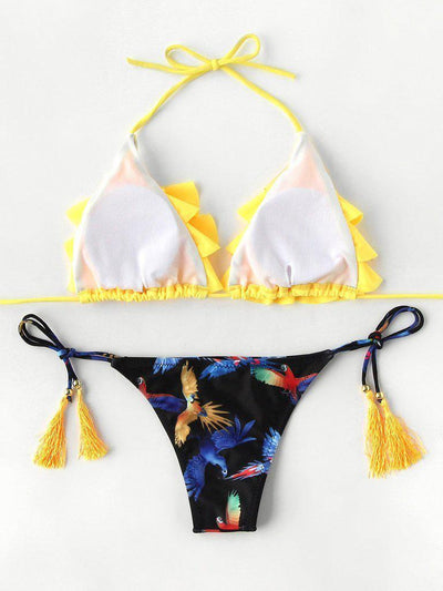Bird Print Tassel Tie Flounce Bikini Set-swimwear-Des Mess