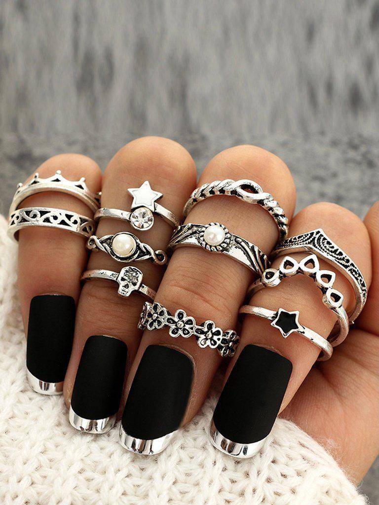 Flower And Star Detail Ring Set 11pcs-jewelry-Des Mess