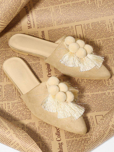 Pom Pom & Tassel Front Flat Mules-shoes-Des Mess