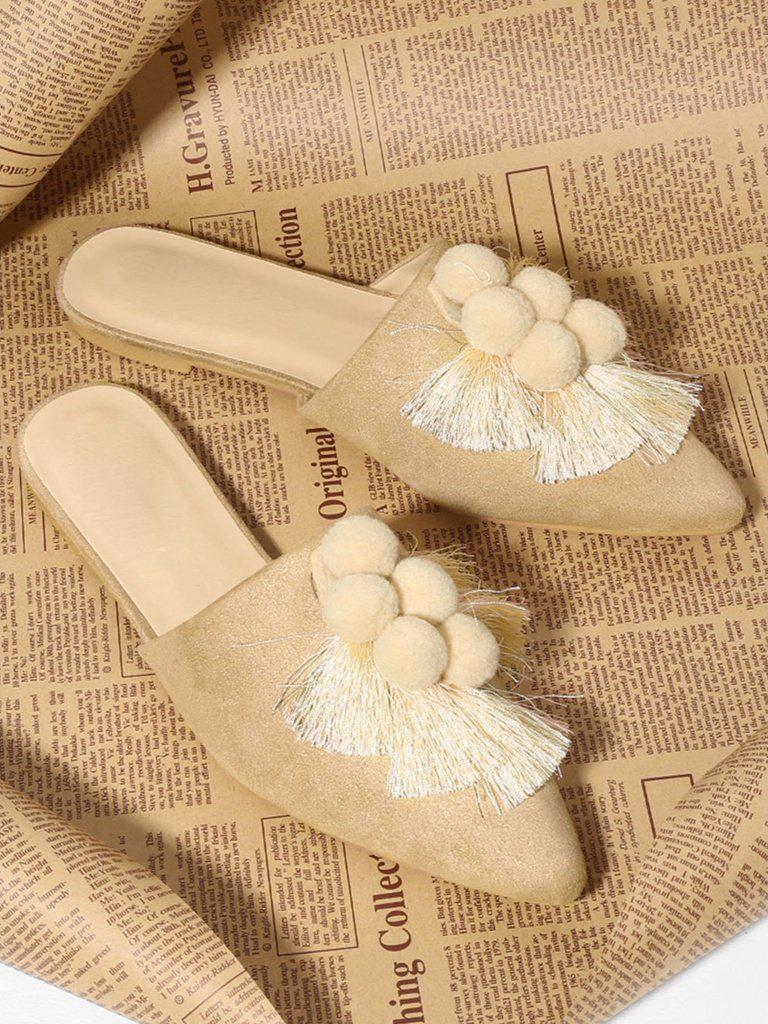 Pom Pom & Tassel Front Flat Mules-shoes-Des Mess