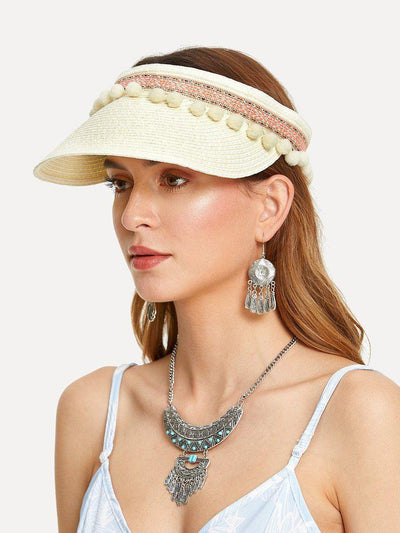 Pom Pom Trim Straw Visor Hat-accessories-Des Mess