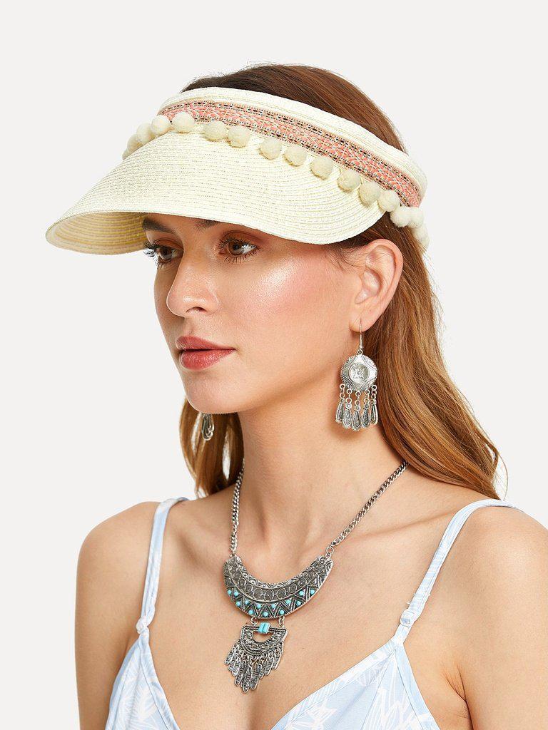 Pom Pom Trim Straw Visor Hat-accessories-Des Mess