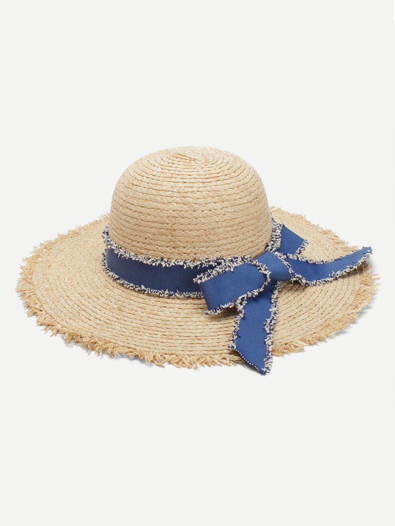 Bow Tie Frayed Trim Straw Hat--Des Mess