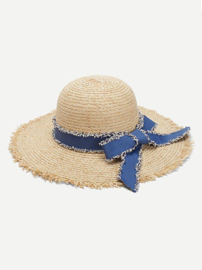 Bow Tie Frayed Trim Straw Hat--Des Mess