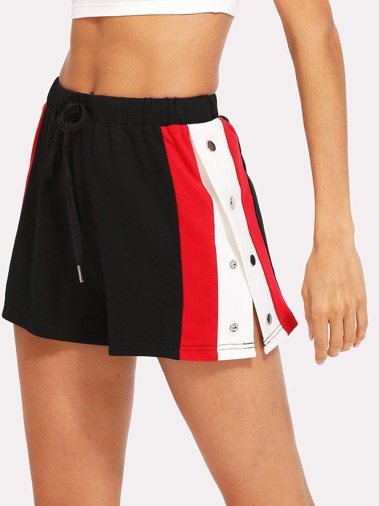 Side Striped Button Embellished Shorts-bottom-Des Mess