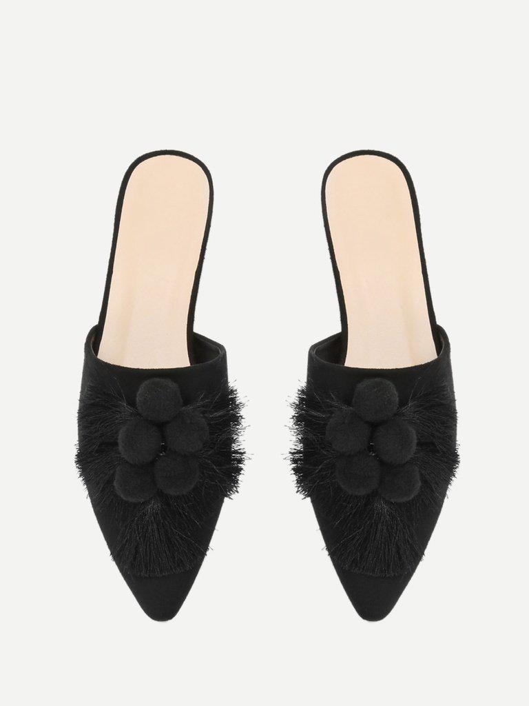 Pom Pom & Tassel Front Flat Mules-shoes-Des Mess