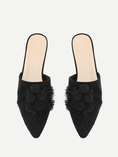 Pom Pom & Tassel Front Flat Mules-shoes-Des Mess