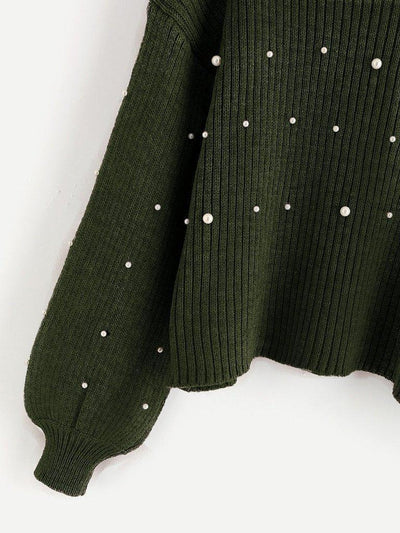 Pearl Embellished Exaggerated Bishop Sleeve Ribbed Sweater-outerwear-Des Mess