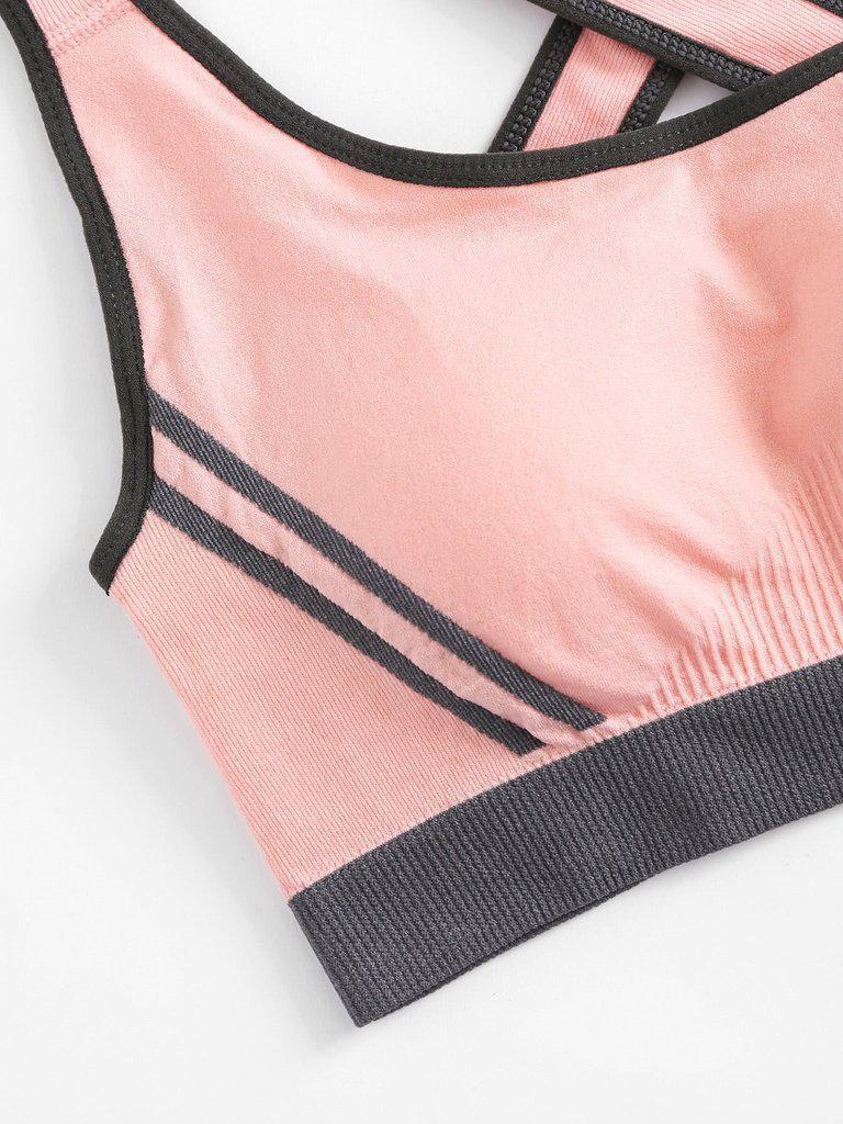 Criss Cross Back Contrast Piping Sports Bra-sportswear-Des Mess