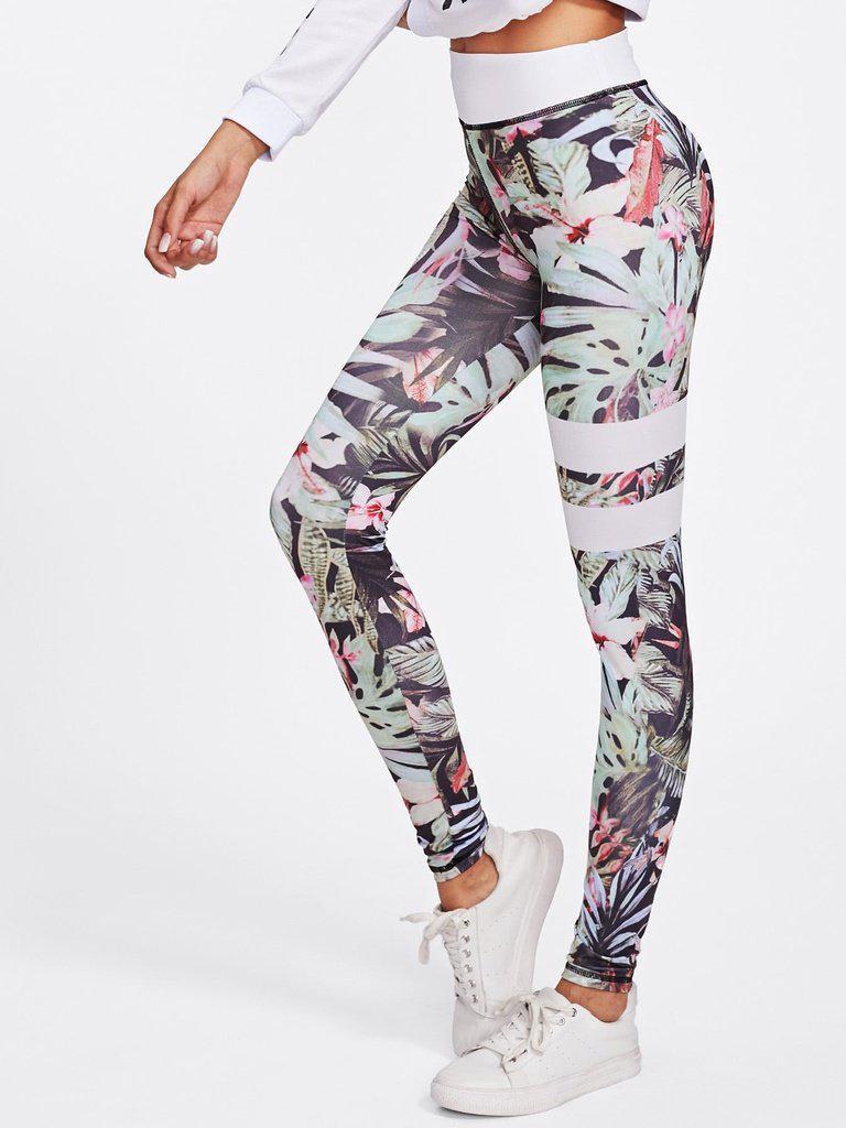 Floral Print Striped Skinny Leggings-bottom-Des Mess