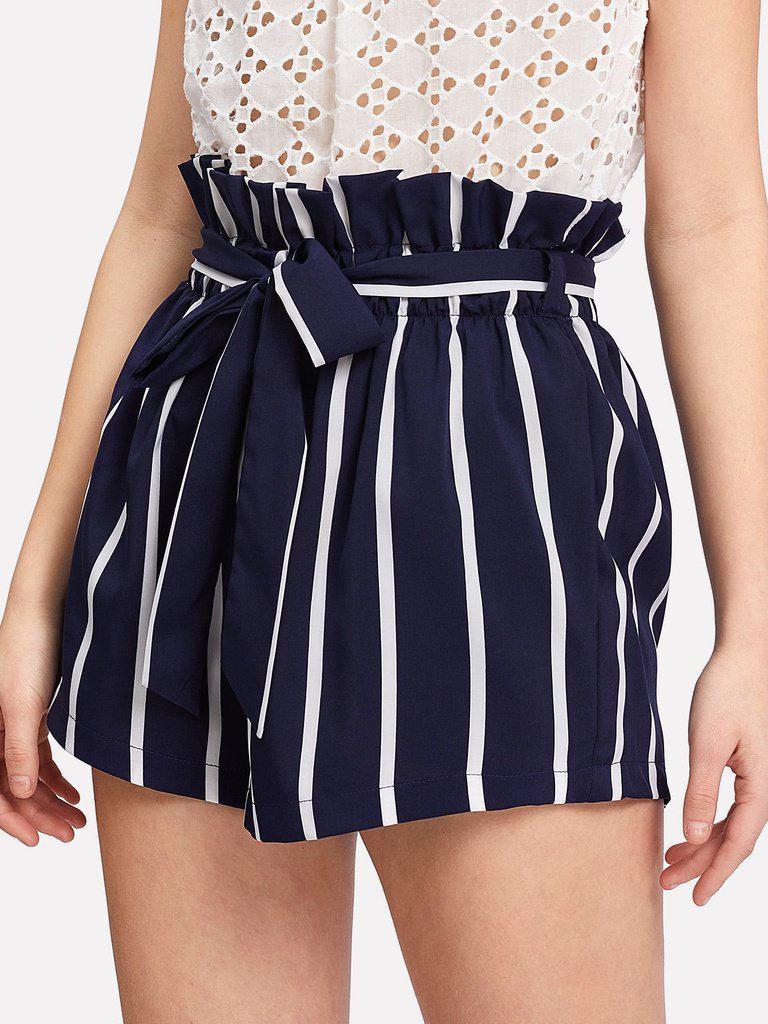 Belted Ruffle Waist Striped Shorts-bottom-Des Mess