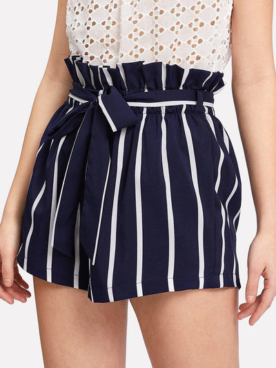 Belted Ruffle Waist Striped Shorts-bottom-Des Mess