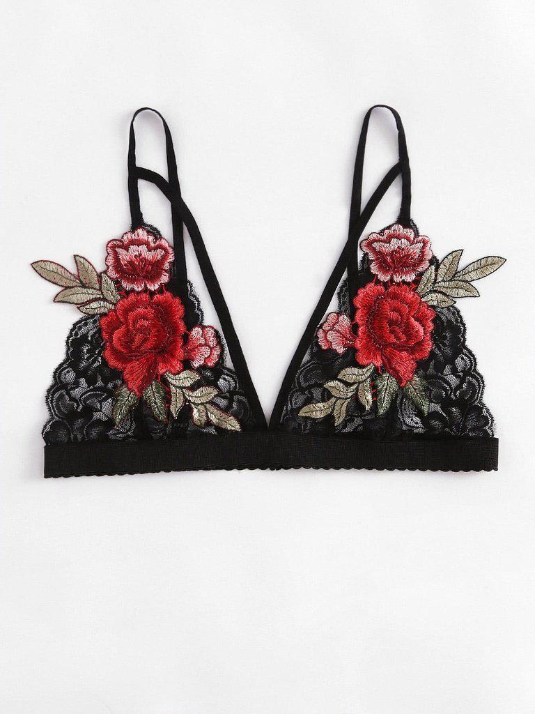 Embroidered Rose Applique Lace Bralette-lingerie-Des Mess