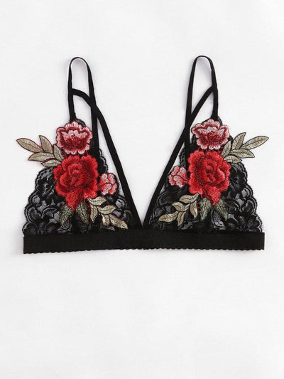 Embroidered Rose Applique Lace Bralette-lingerie-Des Mess