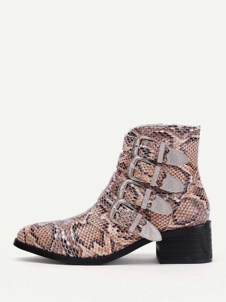 Buckle Decorated Snakeskin Print PU Ankle Boots-shoes-Des Mess