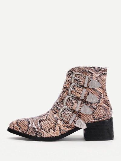 Buckle Decorated Snakeskin Print PU Ankle Boots-shoes-Des Mess