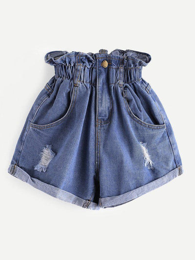 Elastic Waist Ripped Denim Shorts-bottom-Des Mess