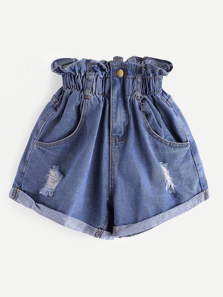Elastic Waist Ripped Denim Shorts-bottom-Des Mess