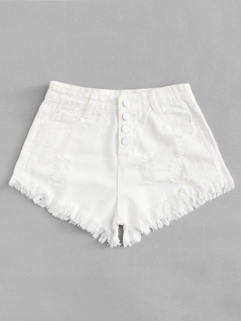 Button Up Raw Hem Denim Shorts-bottom-Des Mess