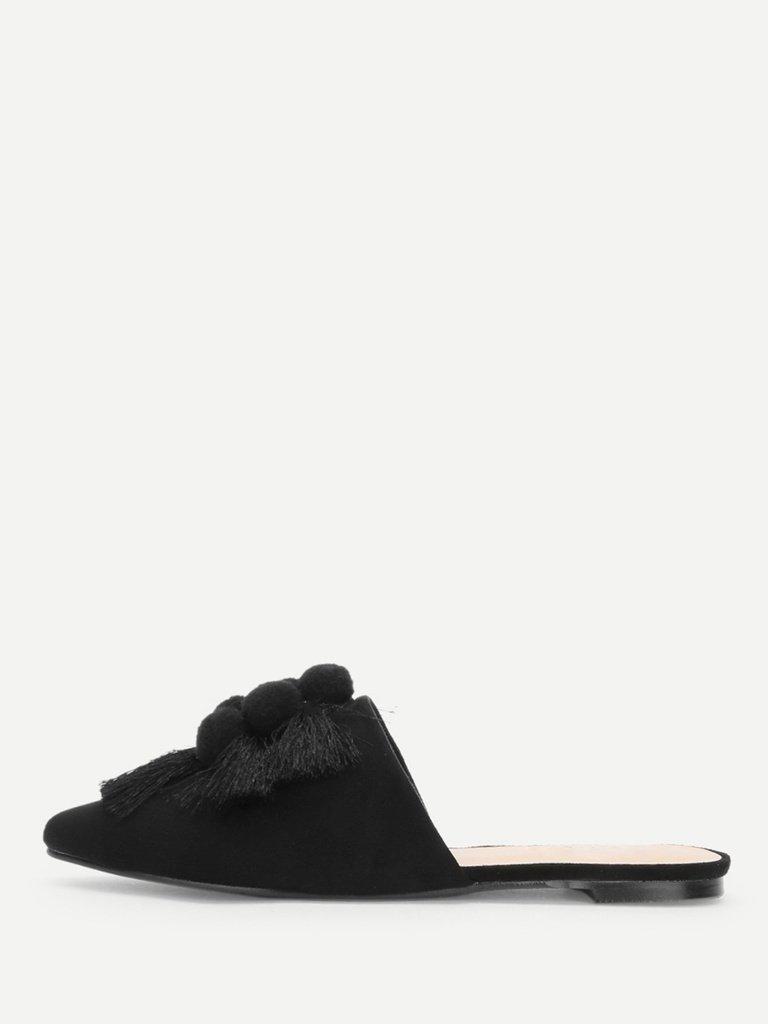 Pom Pom & Tassel Front Flat Mules-shoes-Des Mess