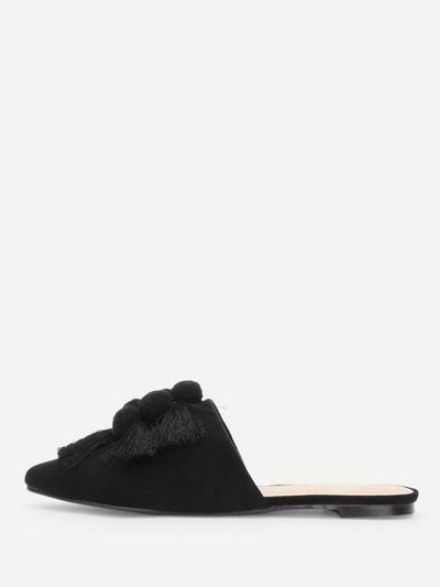 Pom Pom & Tassel Front Flat Mules-shoes-Des Mess