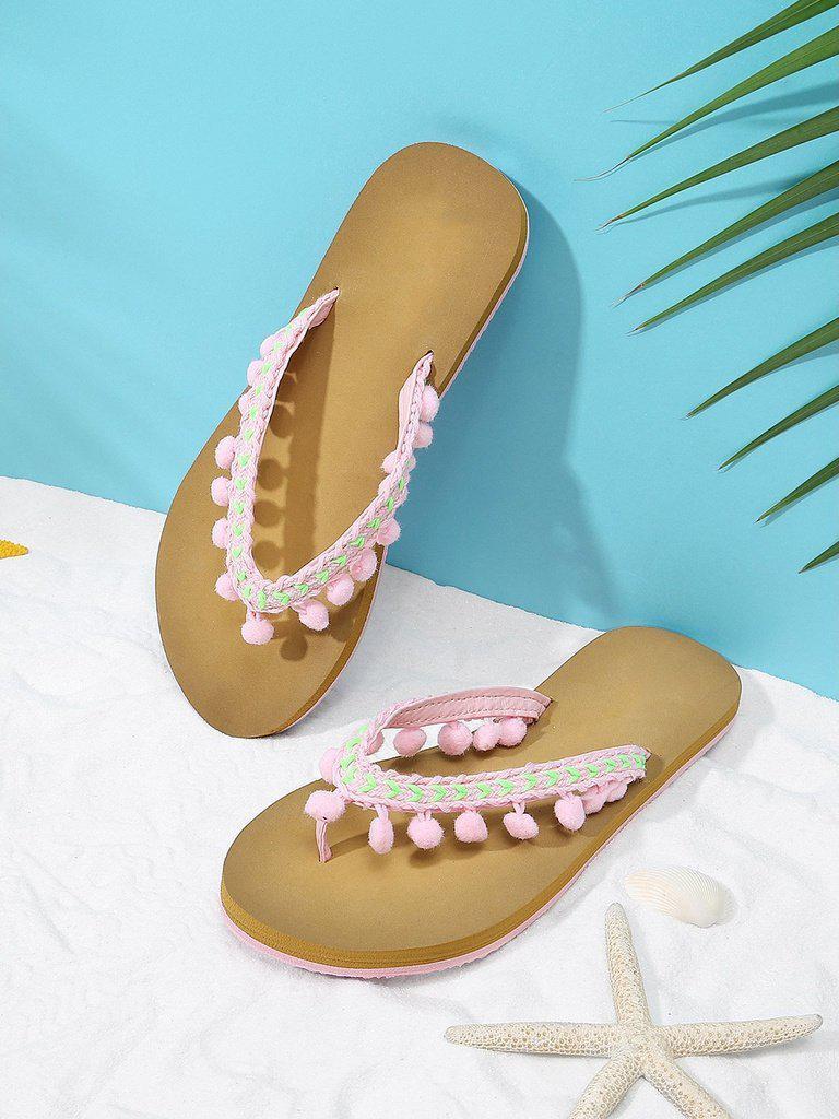Pom Pom Decorated Flat Slippers-shoes-Des Mess