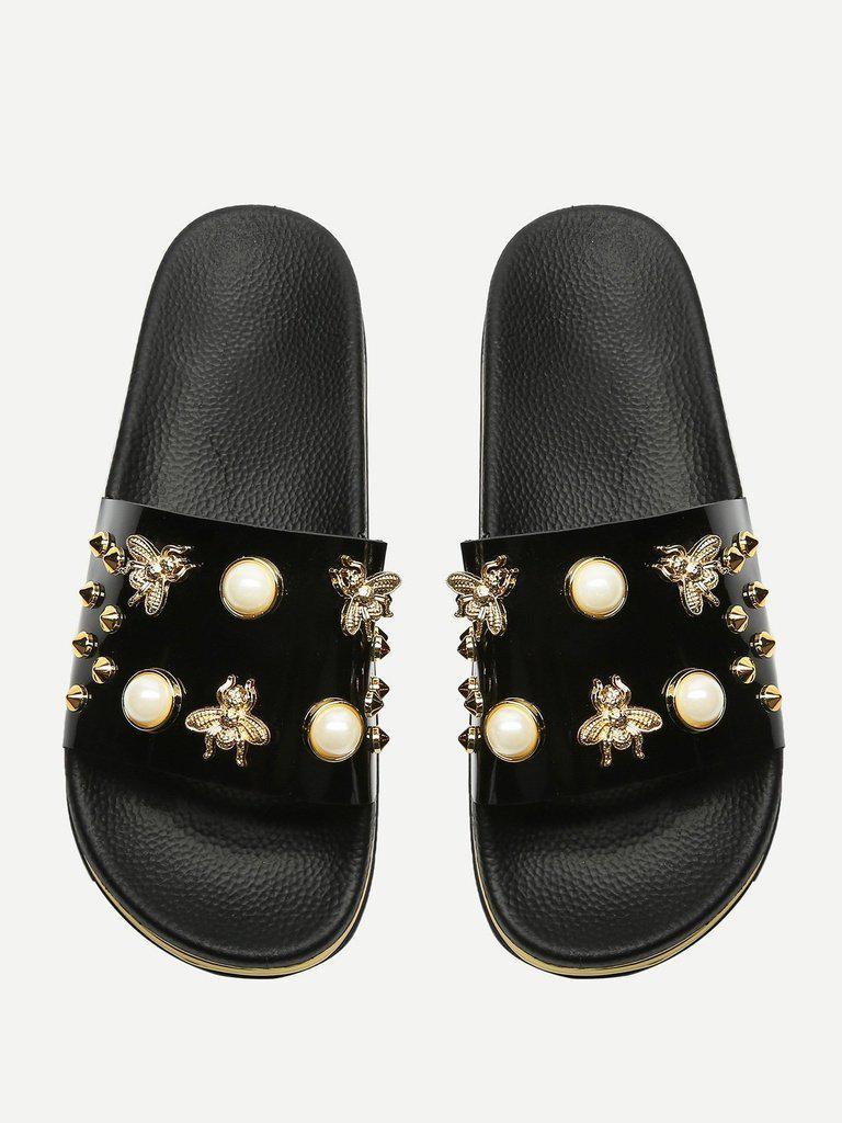Faux Pearl Decorated Slippers-shoes-Des Mess