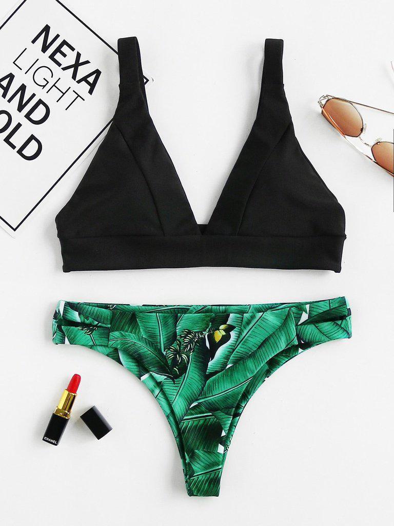 Palm Print High Leg Bikini Set-swimwear-Des Mess