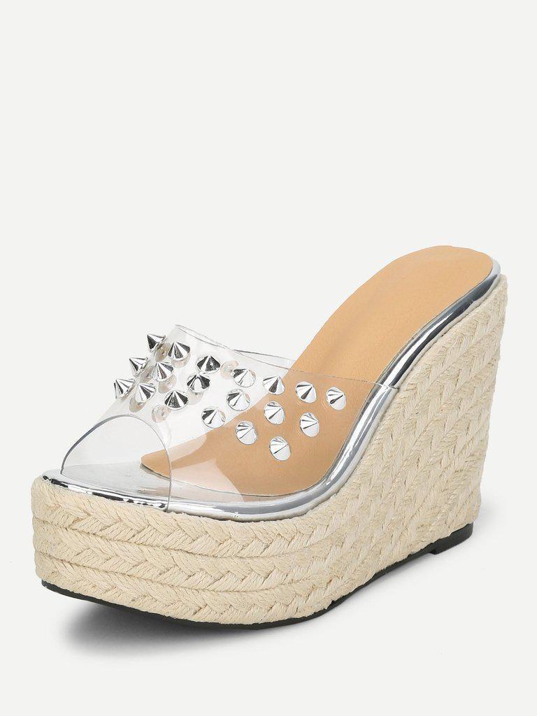 Rockstud Decorated Woven Design Wedges-shoes-Des Mess